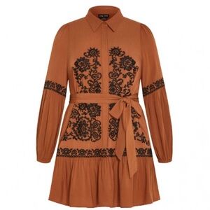 City Chic Caramel Black Embroidered Dress Boho Mini Long Sleeve Plus Size 16 NWT